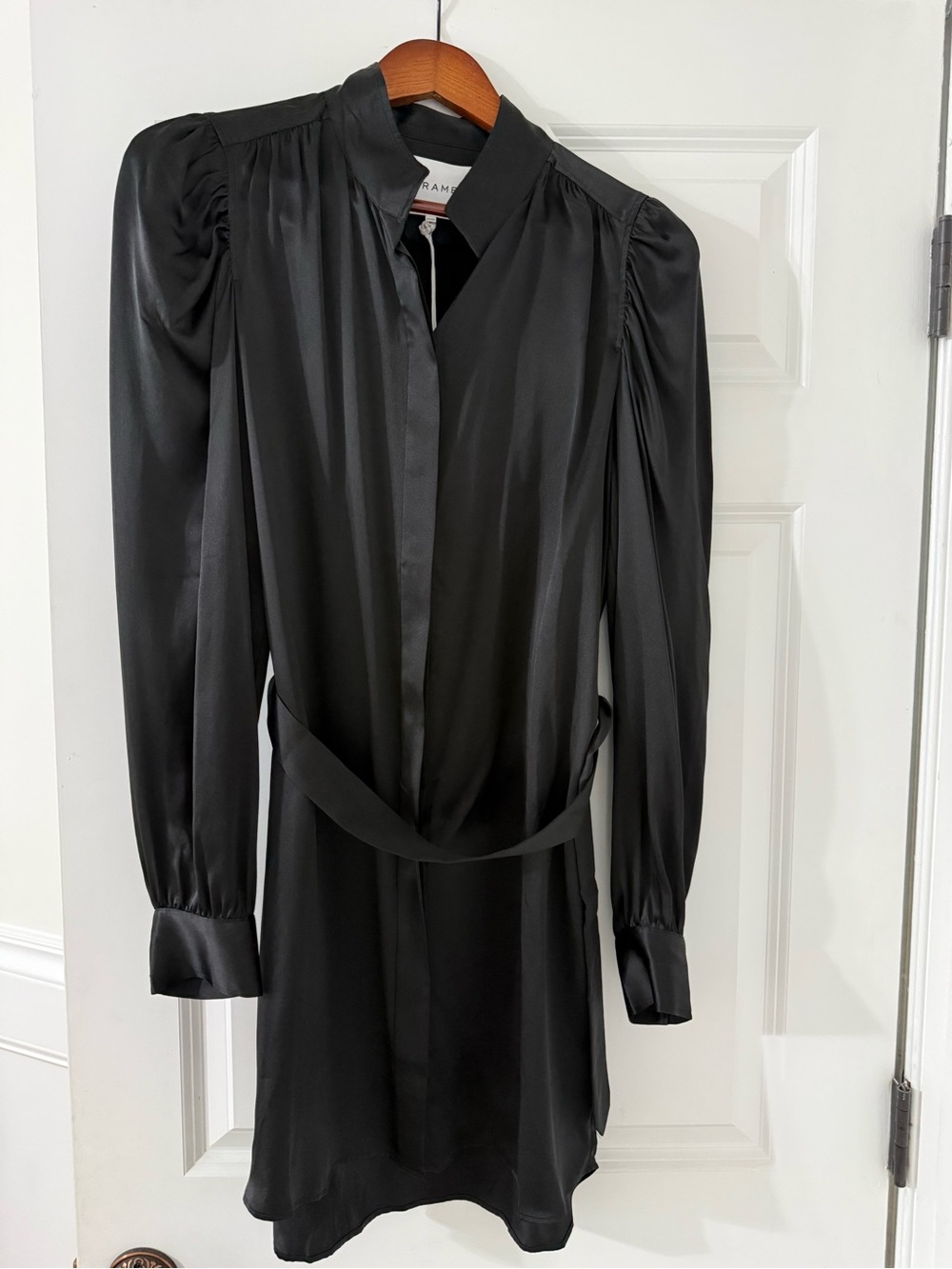 Frame Black Satin Long-Sleeve Shirt Dress